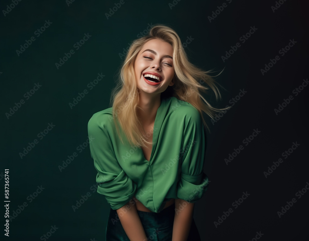 Studio shot of a gorgeous young blond woman with great smile laughing and having fun. Generativwe AI illustration Studio shot of a gorgeous young blond woman with great smile laughing and having fun. Generativwe AI illustration