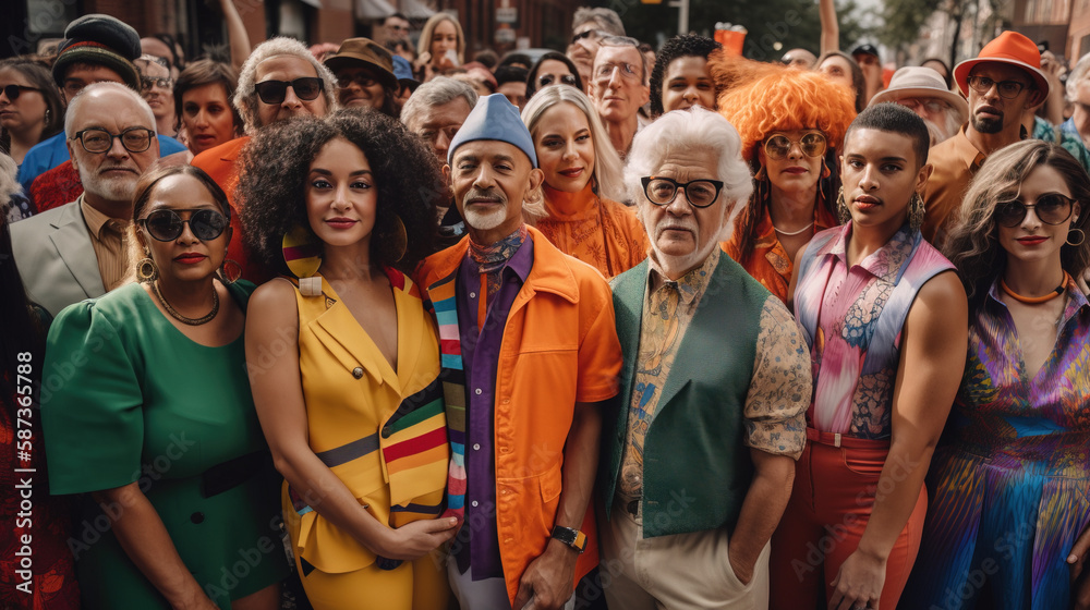 Fototapeta premium Large group of young and old mixt races people in warm color clothing outdoors looking at camera. Generative AI illustration