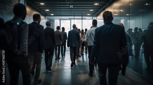 Business People Walking in a modern entrance. Generative AI illustration