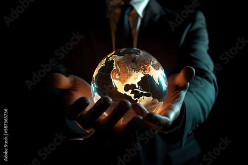 Earth Globe in business man hands. Generative AI Illustration