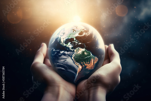 Fototapeta Naklejka Na Ścianę i Meble -  earth in hands. green planet on hand. save of earth. environment concept for background web or world guardian organization. Generative Ai illustration