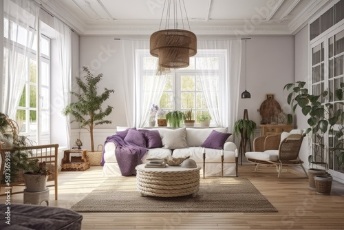 White and purple farmhouse living room with drapes, fabric couch, and rattan flooring. Parquet. Retro interiors,. Generative AI