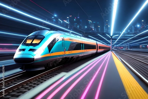 High speed train at station and blurred cityscape at night on background. Postproducted generative AI digital illustration of non existing train mode, generative AI digital illustration