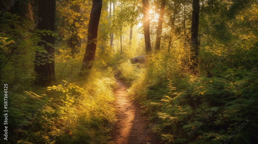 A peaceful forest trail winding through tall trees with a soft, golden light filtering through the leaves Generative AI