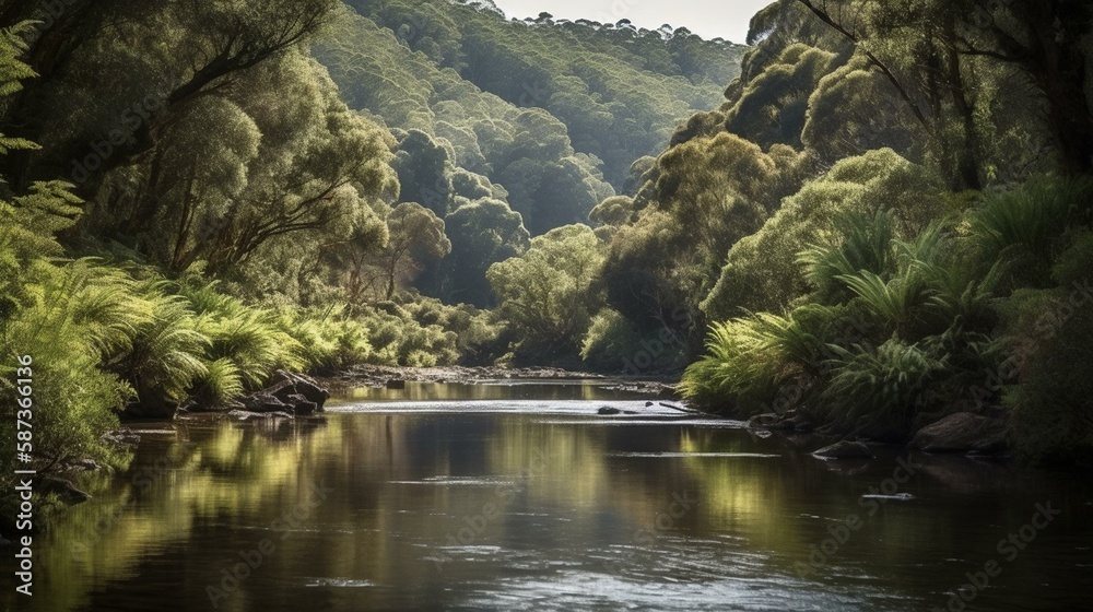 A peaceful, winding river surrounded by dense, lush forests and wildlife Generative AI A peaceful, winding river surrounded by dense, lush forests and wildlife Generative AI