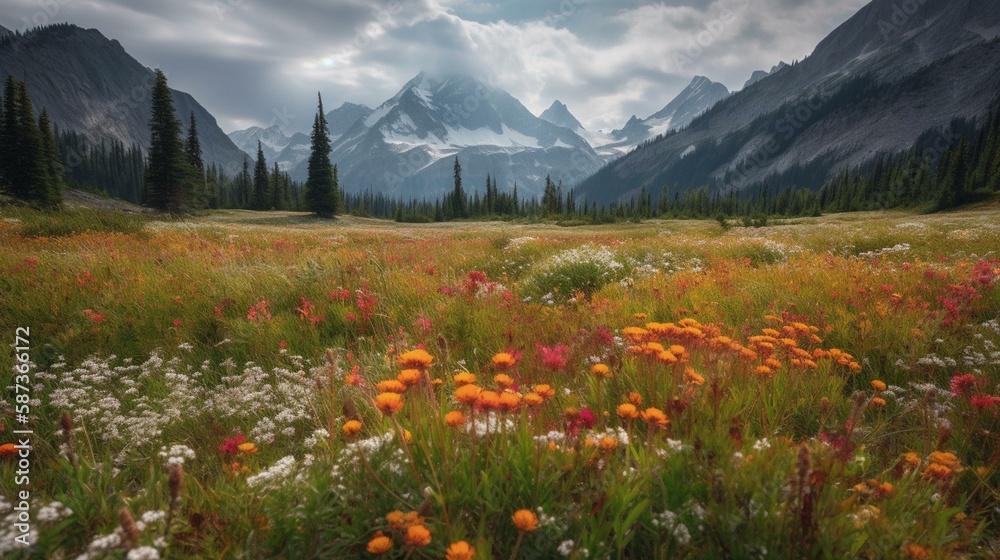 A tranquil meadow filled with wildflowers and surrounded by snow-capped mountains Generative AI