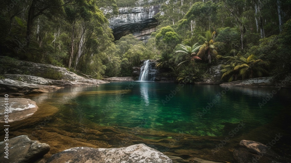 Naklejka premium A majestic waterfall cascading down into a crystal clear pool of water in a remote wilderness Generative AI