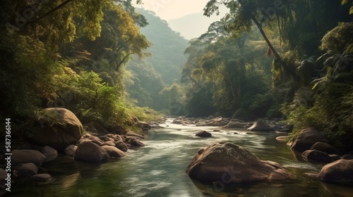 A peaceful, winding river surrounded by dense, lush forests and wildlife Generative AI © Denis Yevtekhov