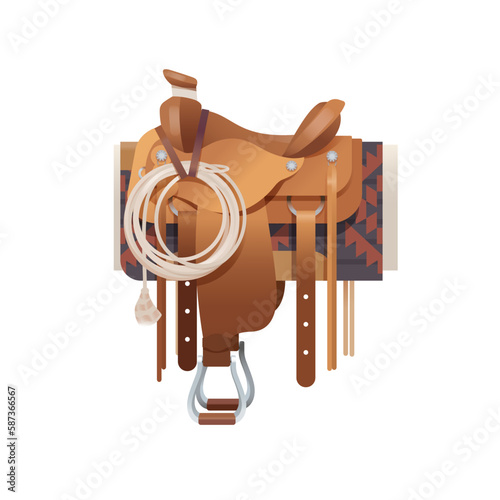 Beige cowboy saddle with ornamental blanket and lasso