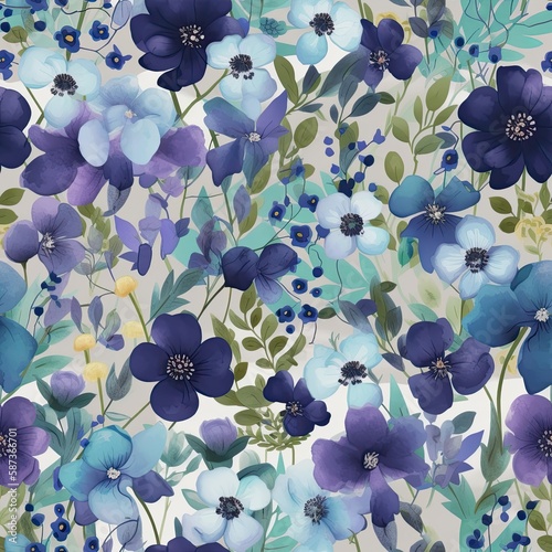 Beautiful seamless floral pattern. Forget me nots and violets. AI generated.