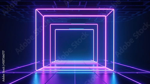 Fototapeta Naklejka Na Ścianę i Meble -  3d render, abstract neon background with square frame. Generative Ai