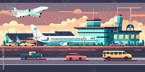 A modern airport building in a horizontal landscape - Generative AI