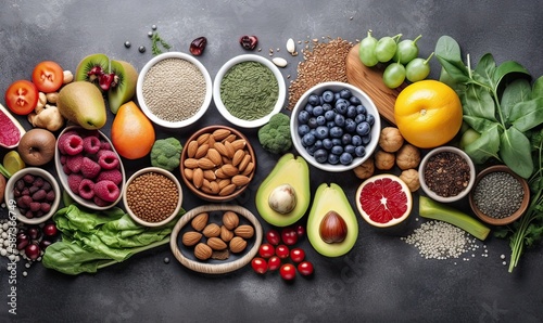Healthy food clean eating  fruit  vegetable  seeds  superfood  cereals  leaf vegetable on black wood background with copy space  top view. Generative Ai.