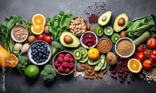 Healthy food clean eating  fruit  vegetable  seeds  superfood  cereals  leaf vegetable on black wood background with copy space  top view. Generative Ai.