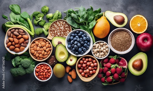 Healthy food clean eating: fruit, vegetable, seeds, superfood, cereals, leaf vegetable on black wood background with copy space, top view. Generative Ai.