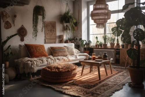 Modern boho house decor. Laptop  couch  cushions  house plants  carpet  and decorations against concrete wall. Sunlit bohemian sitting room. Generative AI