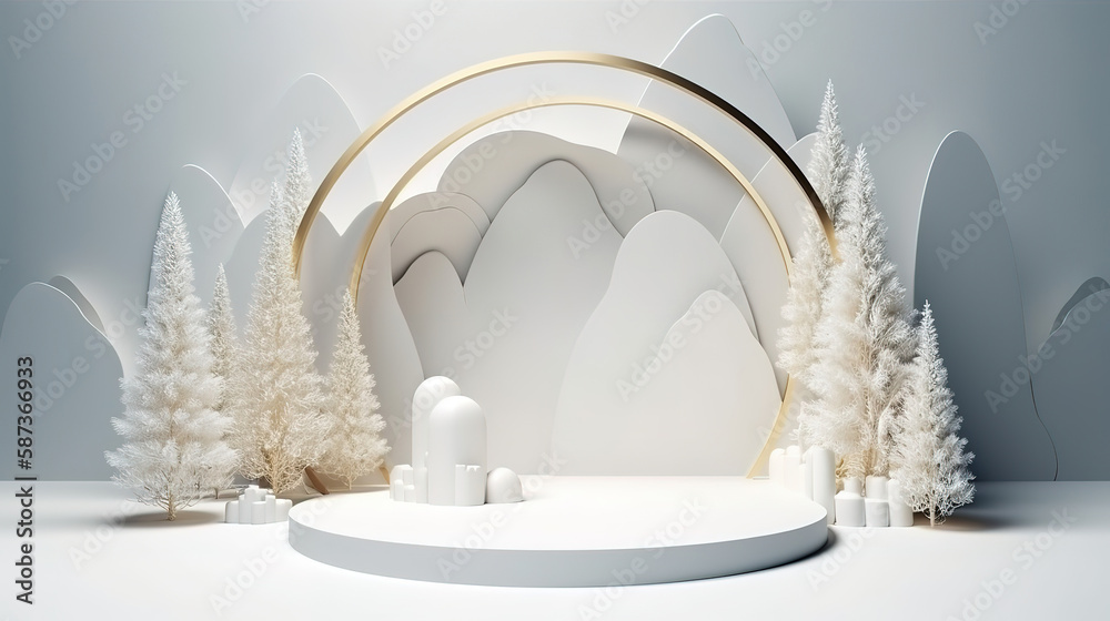 Fototapeta premium 3d render, white Christmas background with empty stage. Generative Ai