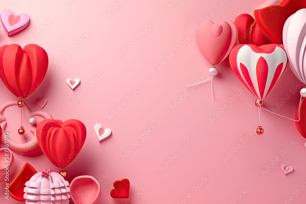 red background with hearts,balloons and gift packages with copy space. Ai generative