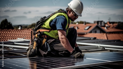 Workers installing solar panels in house roof. Generative AI Illustration