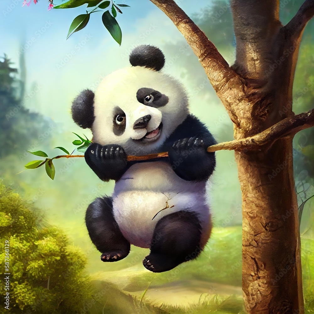 Funny panda hung on a branch, created with generative ai Stock Illustration  | Adobe Stock