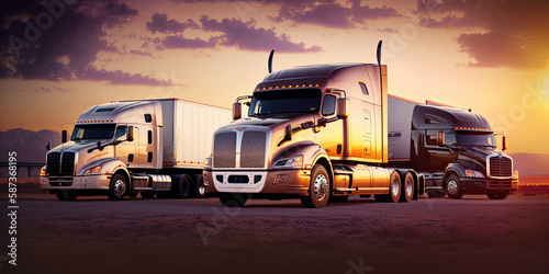 Semi-trailer trucks parked at sunset sky - Generative AI