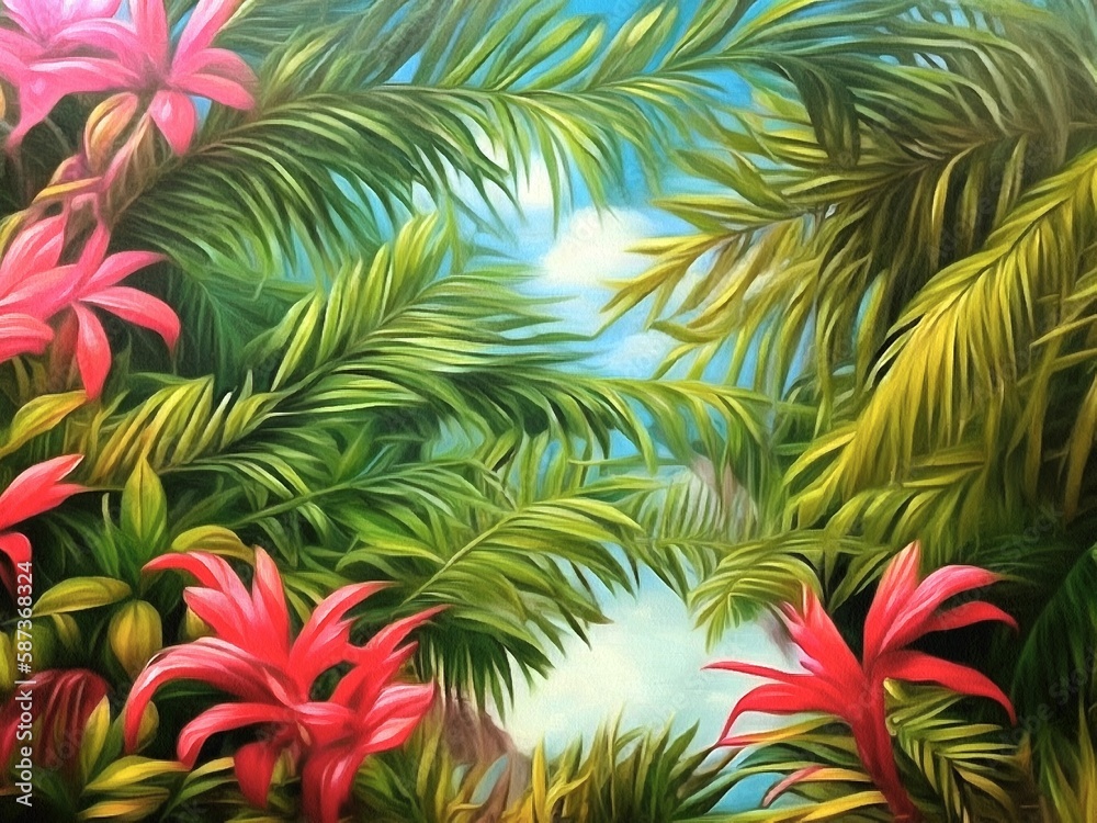 Beautiful nature floral tropical background painting on paper canvas. Generative AI