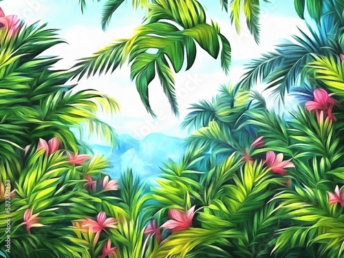 Beautiful nature floral tropical background painting on paper canvas. Generative AI © Tilra