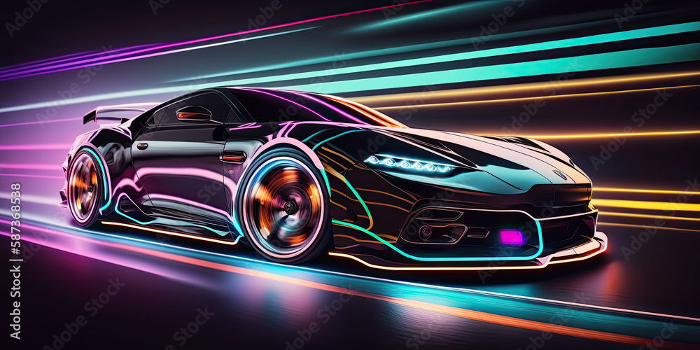 Speeding sports car on neon highway - Generative AI