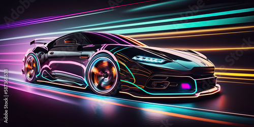 Speeding sports car on neon highway - Generative AI