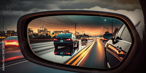 Wing mirror of cars and trucks during traffic in rescue lane - Generative AI