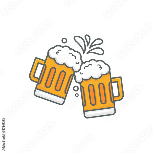 Beer cheers single vector. Two toasting beer mugs, cheers. Clinking glass tankards full of beer and splashed foam designed in flat cartoon style isolated on white background.