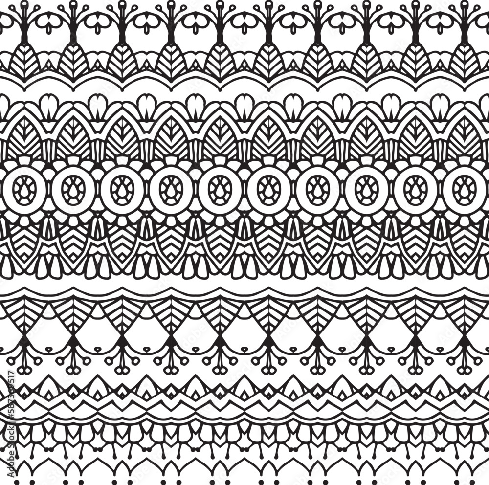 ethnic floral hand drawn line art style seamless pattern, borders, vector illustration background