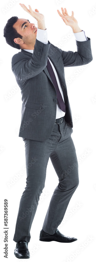 Unsmiling businessman with arms raised