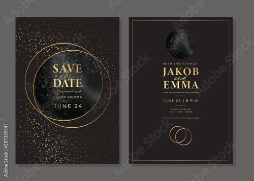 Set of luxury golden wedding invitation cards with rings and glitter. Gold templates. Save the date card. Vector background for wedding invitation. Elegant layout design with shiny elements.