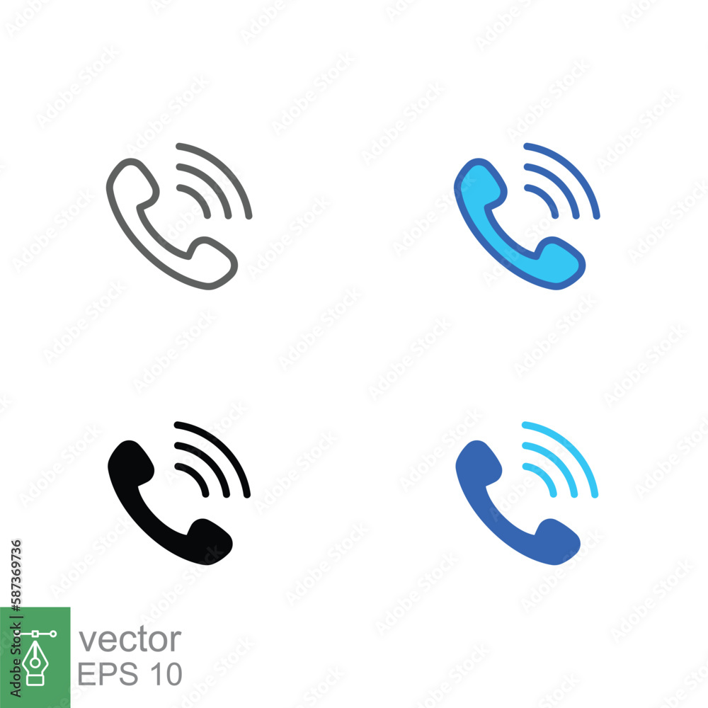 Telephone ringing icon set. Call, phone, incoming, receiver, contact. Simple editable stroke, outline, filled outline, solid and flat style. Vector illustration isolated on white background. EPS 10. Telephone ringing icon set. Call, phone, incoming, receiver, contact. Simple editable stroke, outline, filled outline, solid and flat style. Vector illustration isolated on white background. EPS 10.