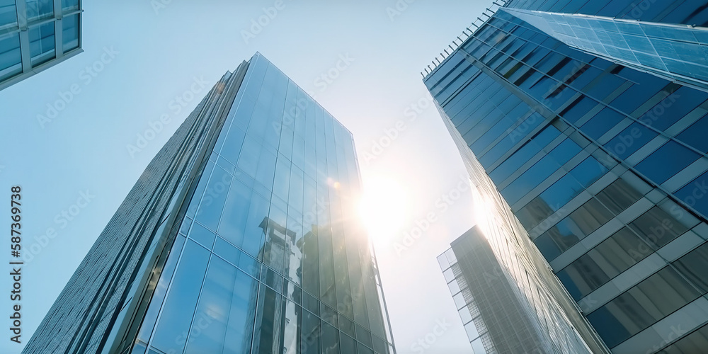 Skyscraper with glass facades on a bright sunny day