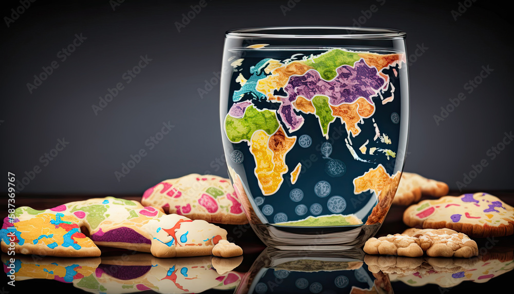 World map designed on a glass, biscuits around - Generative AI