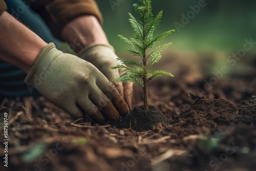 Un jardinier plantant un arbre dans un environnement naturel. Travail collaboratif, de respect pour l'environnement. Création d'un espace vert. Generative AI