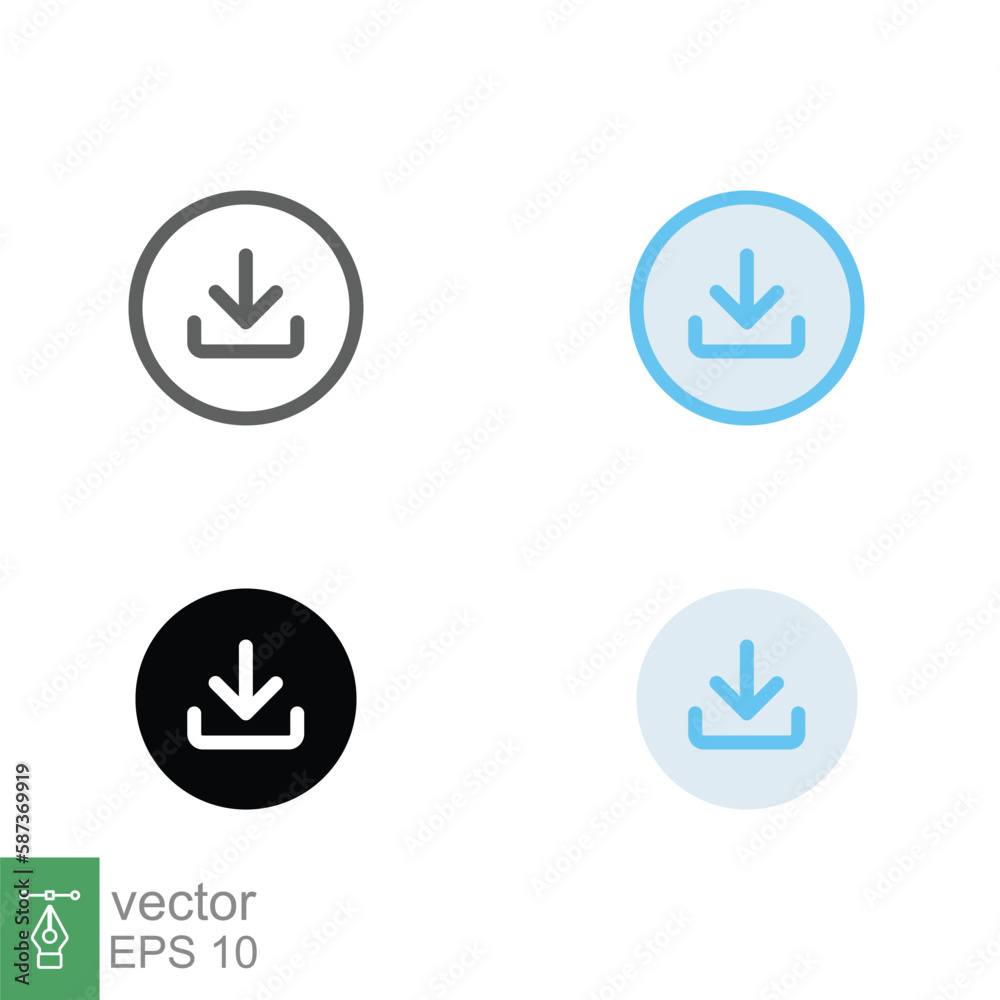 Download icon set. Software data load, down arrow, technology concept. Simple editable stroke, outline, filled outline, solid and flat style. Vector illustration isolated on white background. EPS 10. Download icon set. Software data load, down arrow, technology concept. Simple editable stroke, outline, filled outline, solid and flat style. Vector illustration isolated on white background. EPS 10.