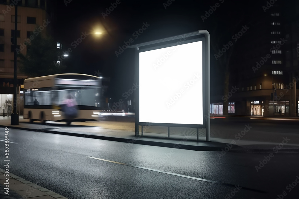 A city night scene features a glowing blank billboard beside a road, with the motion blur of a passing bus.