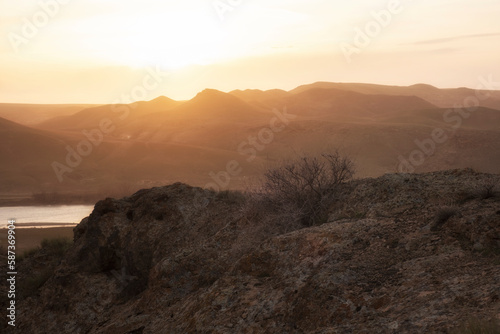Desert landscape, in golden light of sunset. Rocks and thorns on the banks of the Ili River in Kazakhstan.