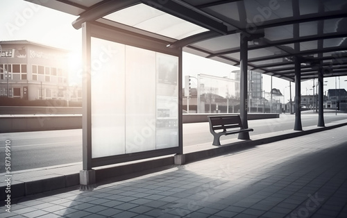 The modern bus stop with a long bench basks in the soft sunlight of dawn  offering a peaceful wait