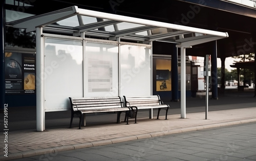 Early morning at a bus shelter displaying public transport schedules, with a bench for awaiting passengers.