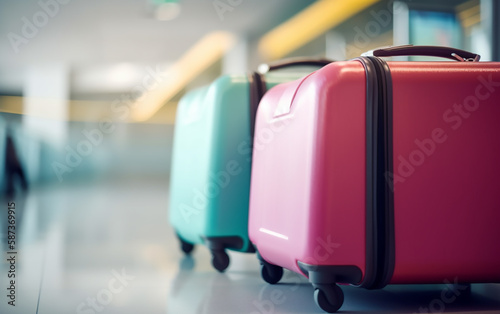 A line of pastel-colored suitcases neatly arranged in an airport, hinting at the beginning of a journey. © Liana