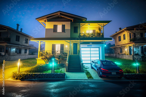 Exterior of a modern house with its garden, illuminated by led strips at night - Generative AI © jovannig