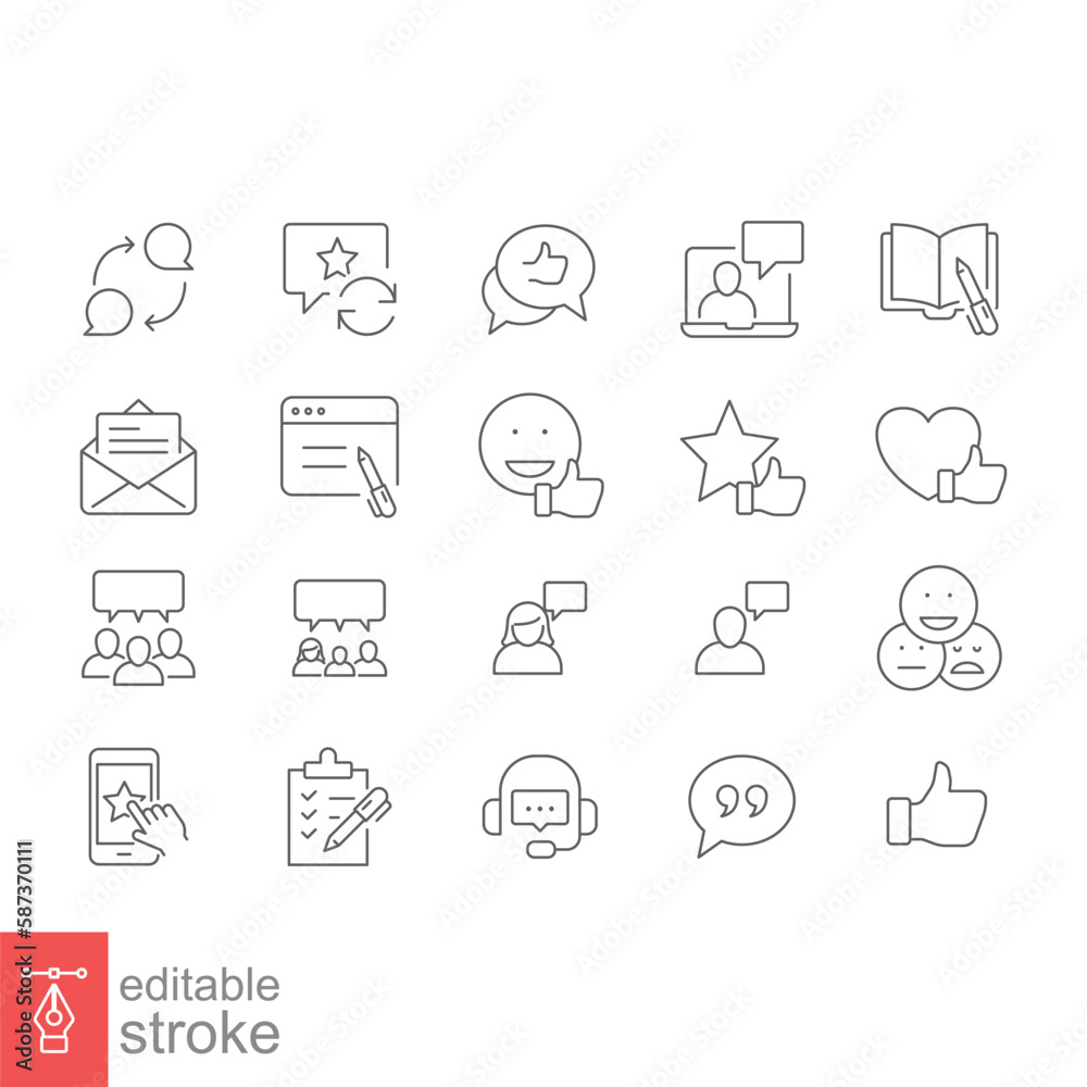 Business and finance web line icon set. Testimonials, customer relationship management or CRM concept. Simple outline style symbol collection. Vector illustration isolated. Editable stroke EPS 10.