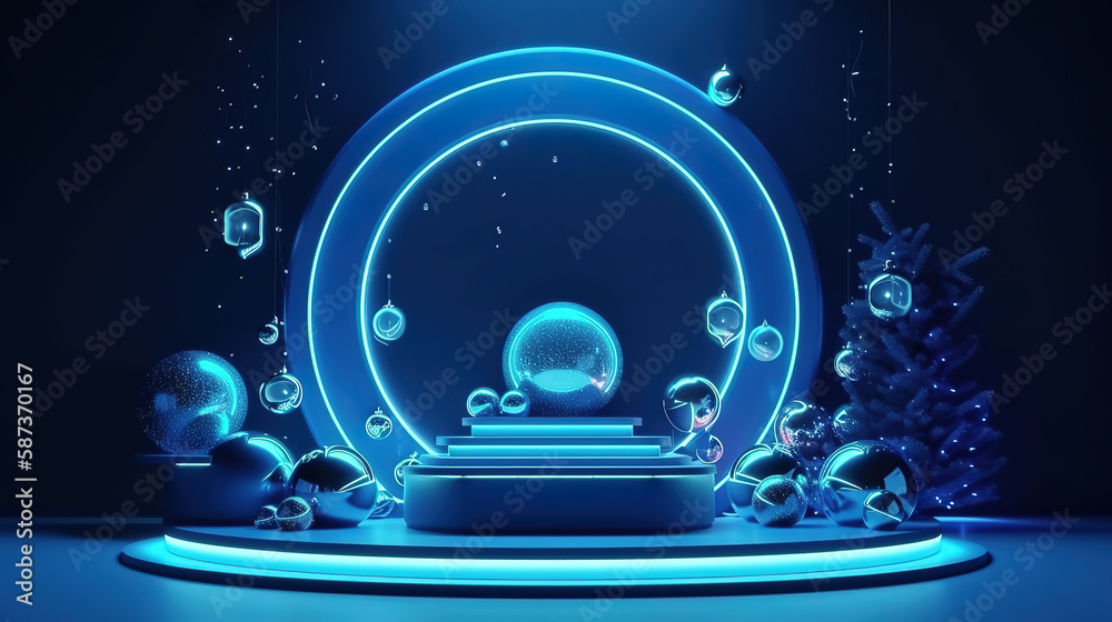 Fototapeta premium Festive showcase with podium and glowing round frame. Generative Ai