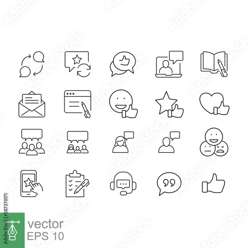 Business and finance web line icon set. Testimonials, customer relationship management or CRM concept. Simple outline style symbol collection. Vector illustration isolated on white background. EPS 10.