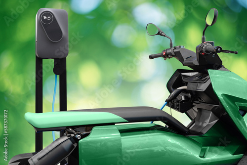 Electric scooter with charging station on a green background