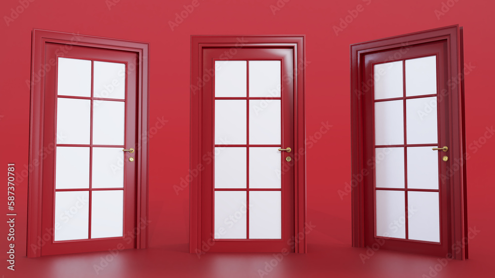 Obraz premium 3D render of red doors isolated on colored background,